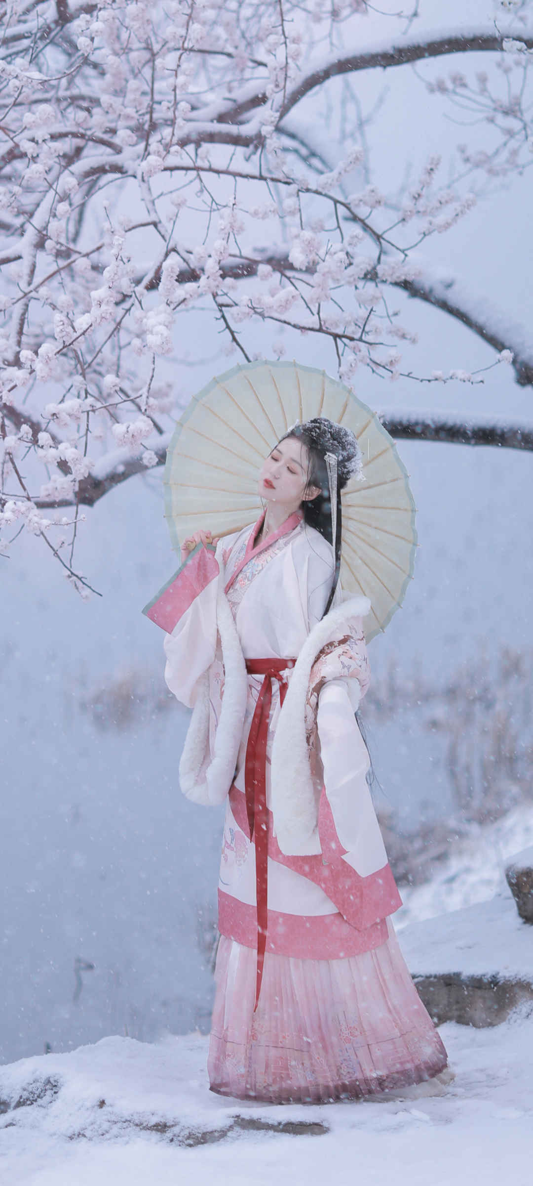 冬天雪梅花古风美女伞手机壁纸